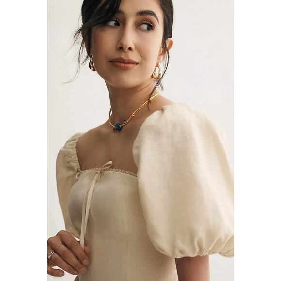 Reformation Malvina Cream Linen Puff Sleeve Mini Dress NWT Size 8 - Picture 2 of 10